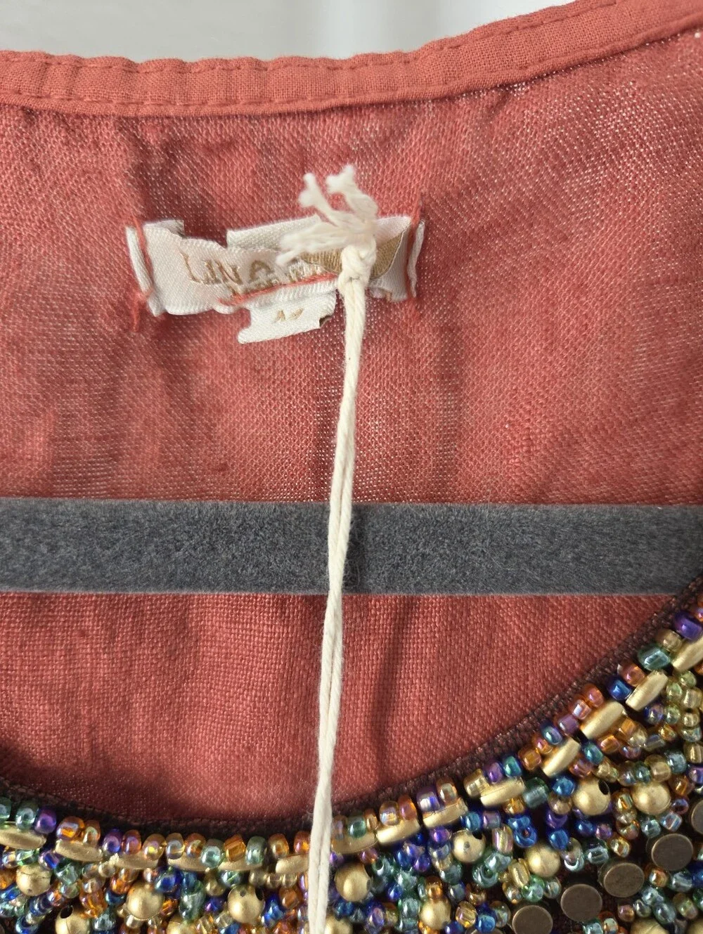 NWT Lina Tomei Linen Coccio Dress, Sz M. Rust, Burnt Orange With Beading - Picture 6 of 10